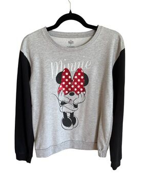 Disney Minnie Mouse Gray Sweatshirt with Black Sleeves and Red Bow